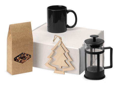 Подарочный набор с чаем, кружкой, френч-прессом и новогодней подвеской Чаепитие, синий