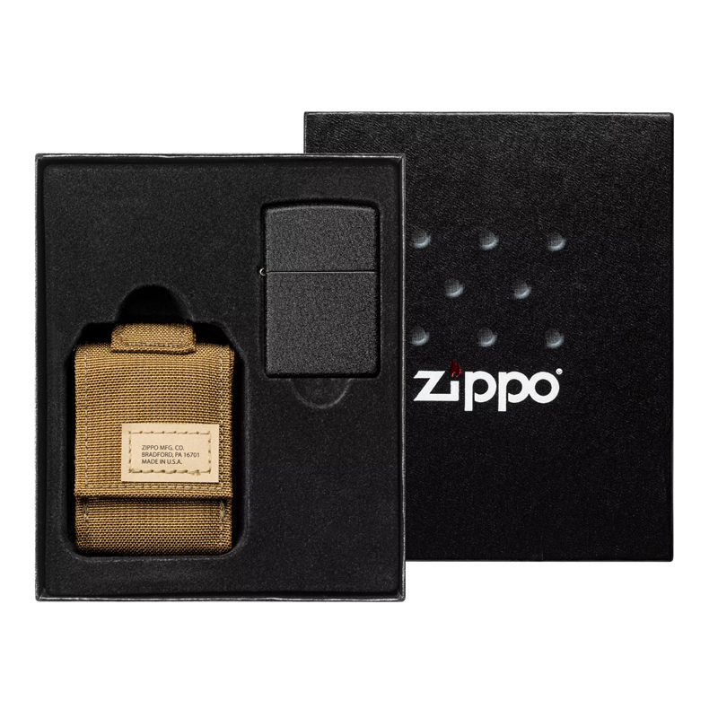 Набор ZIPPO: чёрная зажигалка Black Crackle® и коричневый нейлоновый чехол ,49401