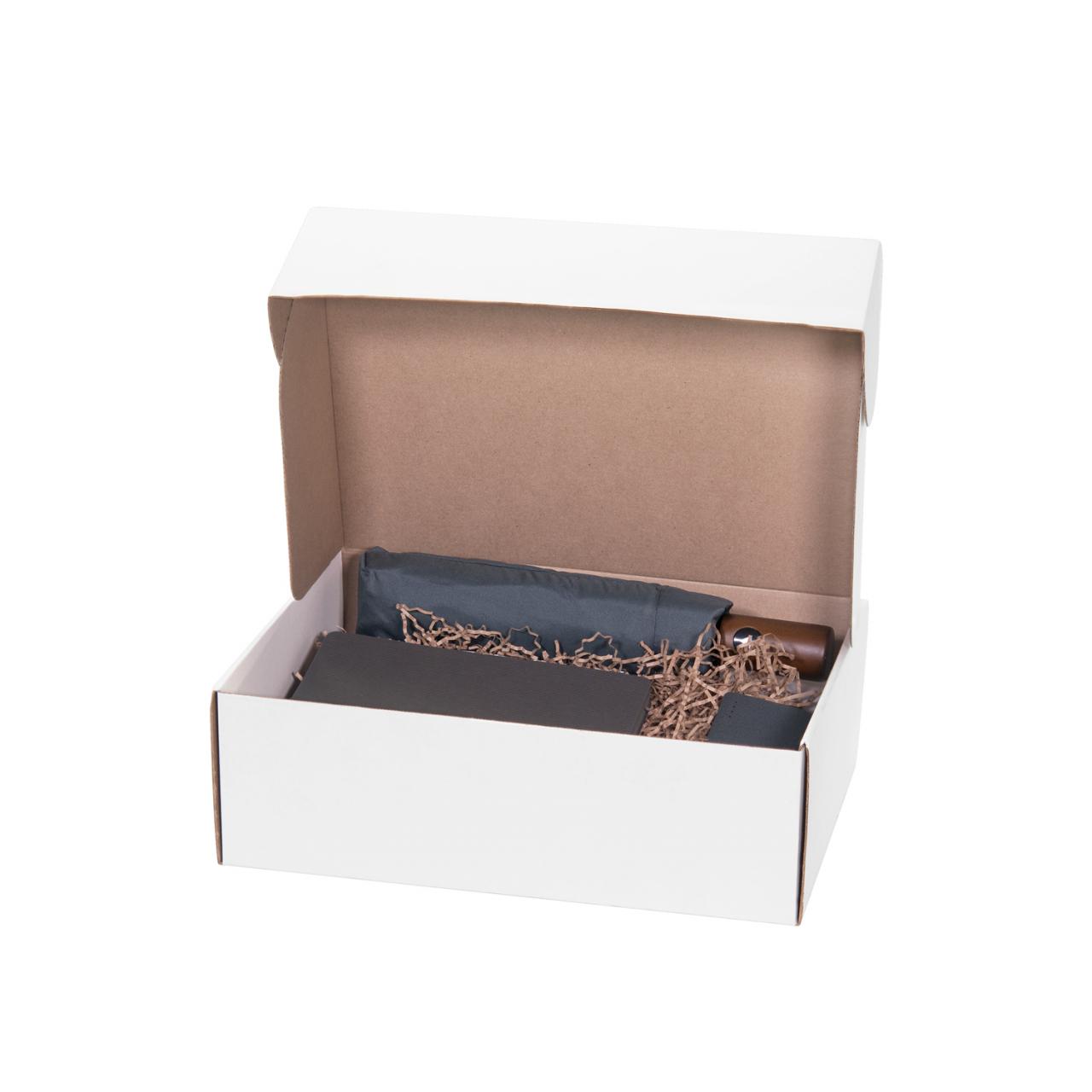 Подарочный набор в большой универсальной коробке, серый (ежедневник, зонт, аккумулятор)