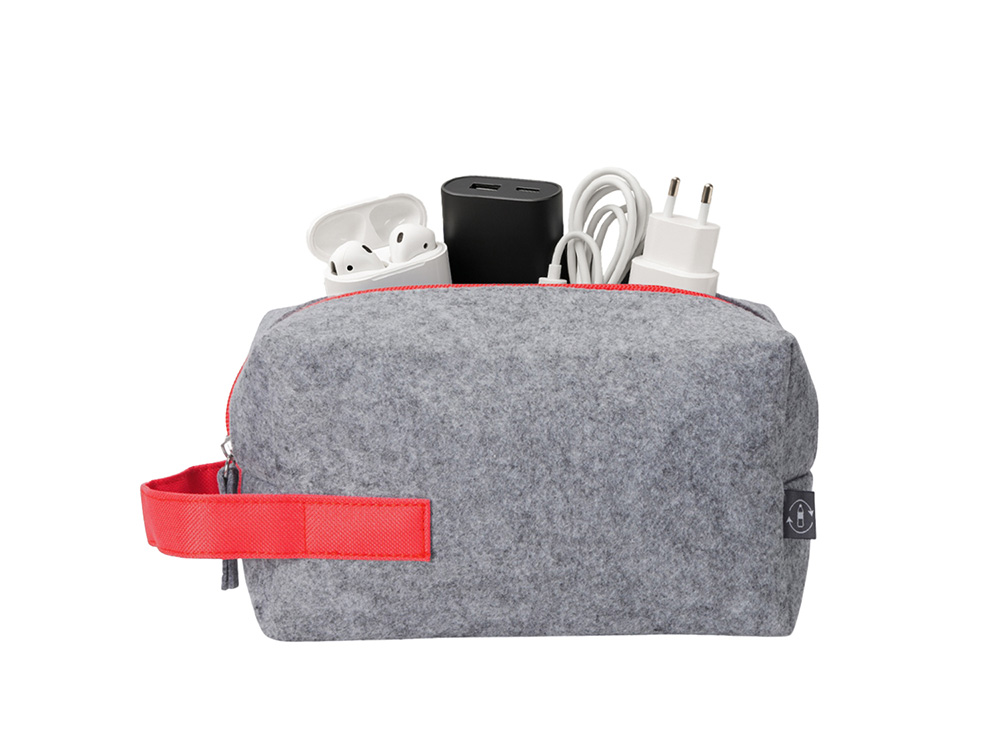 Органайзер для электроники и проводов Felt из RPET-фетра с ручкой, серый с черным