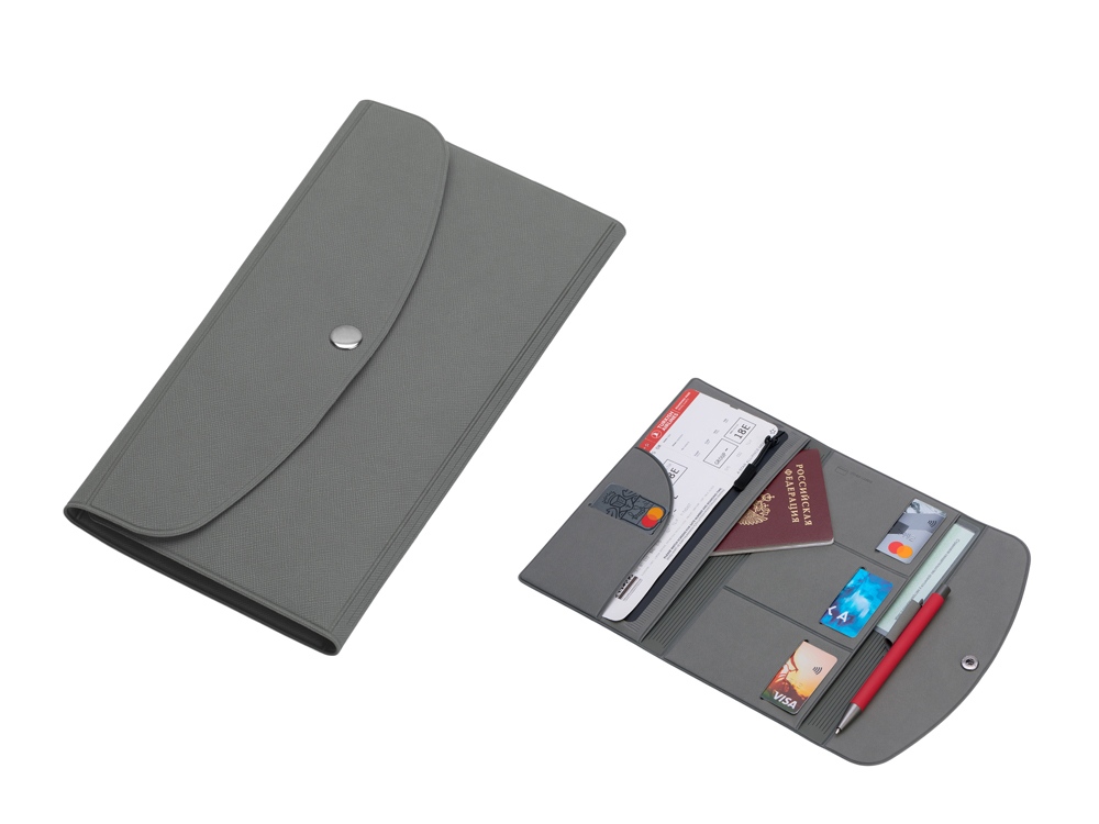 Органайзер для документов на кнопке с отделением для купюр и ручки, упаковка в индивидуальный пакет, синий/темно-синий