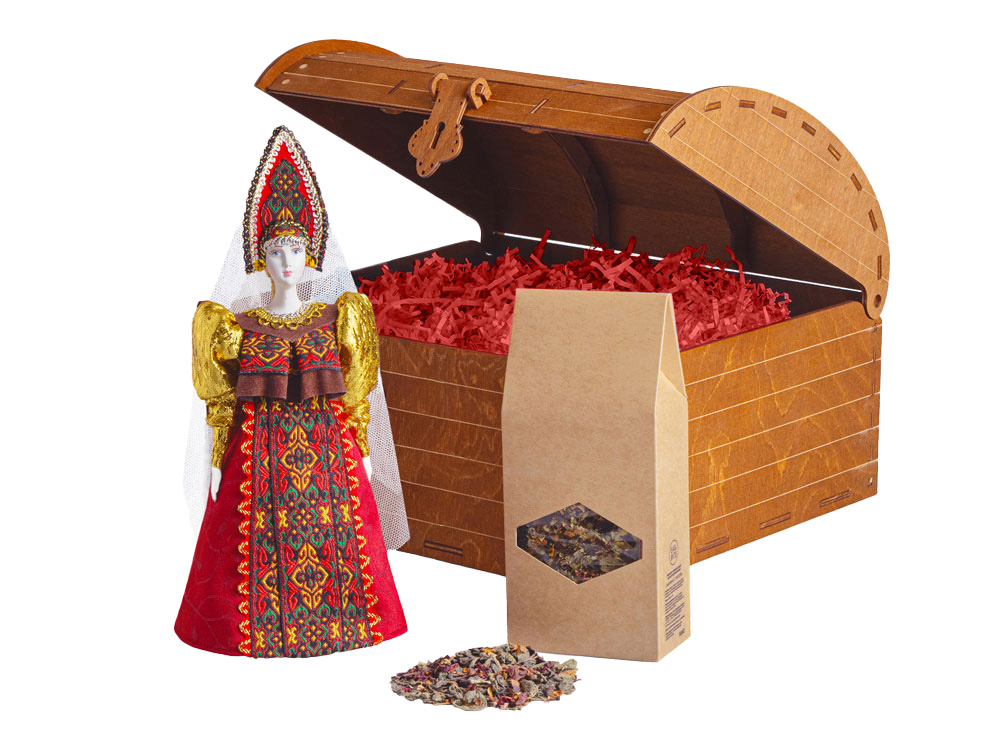 Подарочный набор: кукла фарфоровая, чай Малина с мятой, голубой