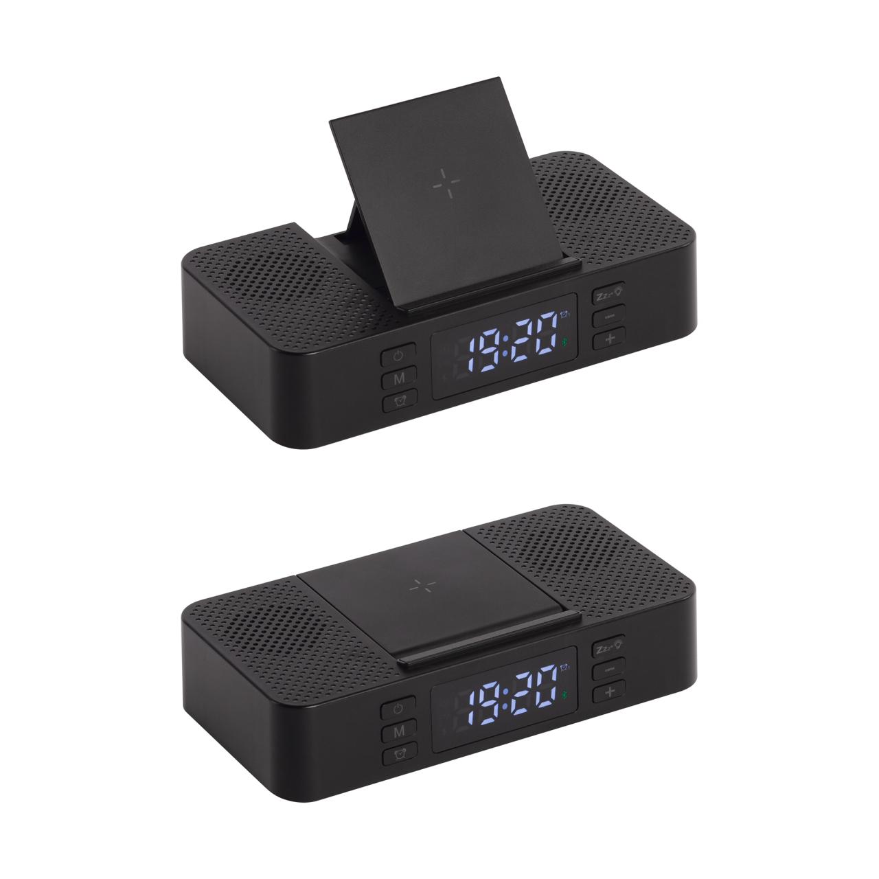 Настольные часы Smart Box с bluetooth колонкой (2х3Вт), беспроводным (15W) зарядным устройством и складной подставкой под смартфон