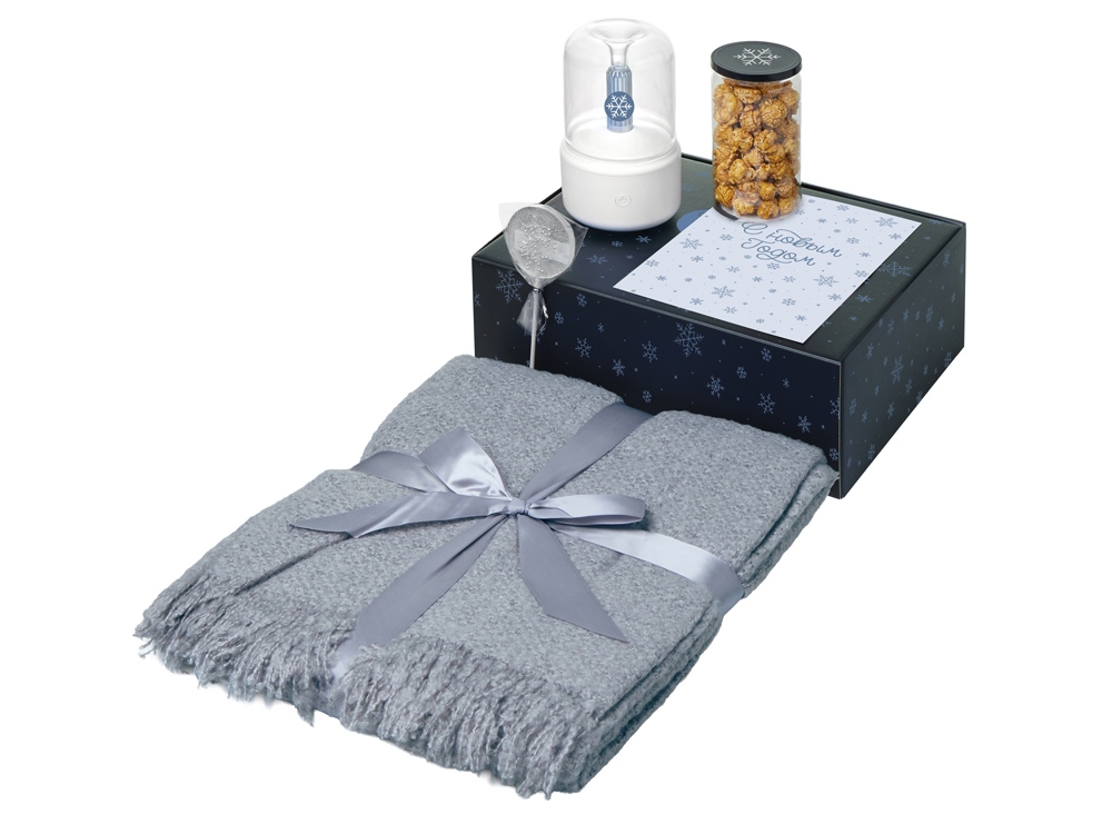 Подарочный набор с пледом, увлажнителем и попкорном, синий