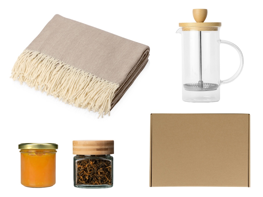 Подарочный набор с пледом, френчпрессом, чаем и вареньем, зеленый