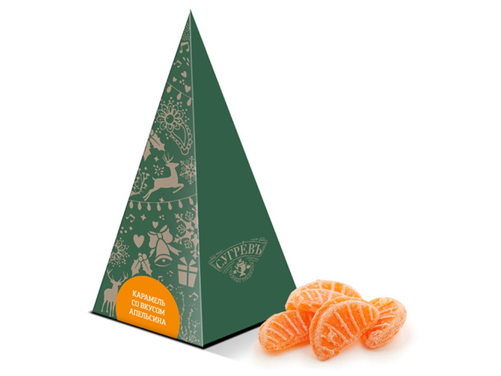 Елка из картона с бронзовым новогодним паттерном с малиновым монпансье, 50 г.