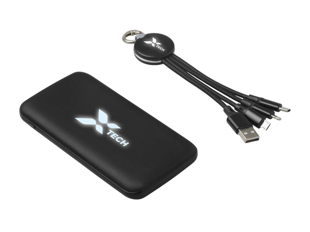 Набор из внешнего акуумулятора и универсального кабеля с подсветкой лого Reserve LED, 10000mAh, темно-синий