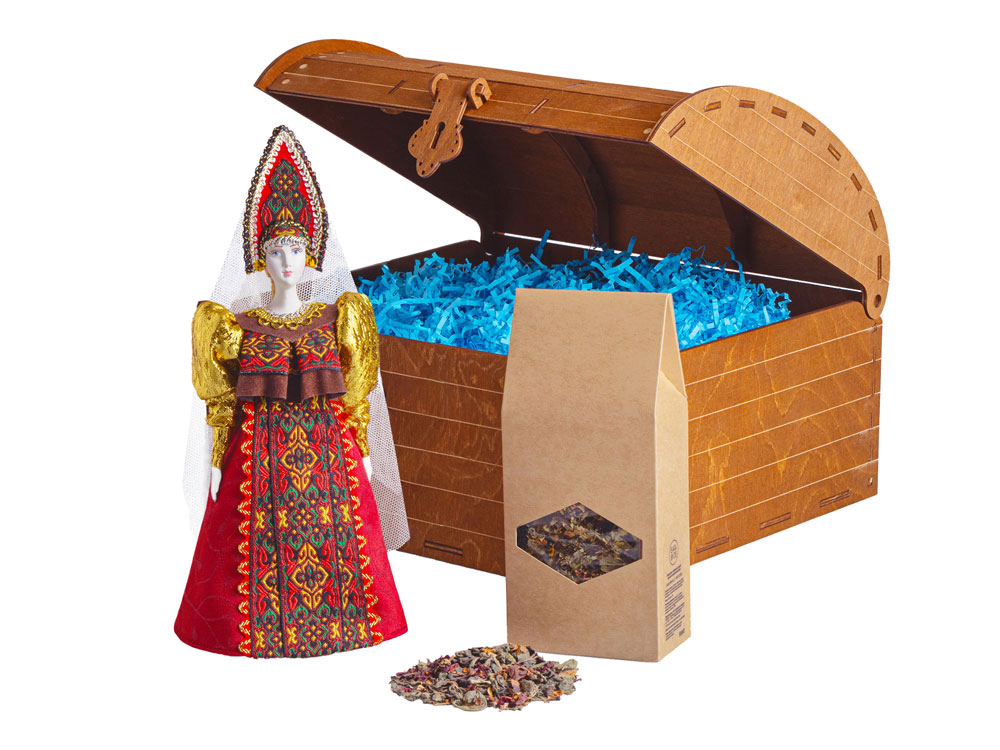 Подарочный набор: кукла фарфоровая, чай Малина с мятой, голубой