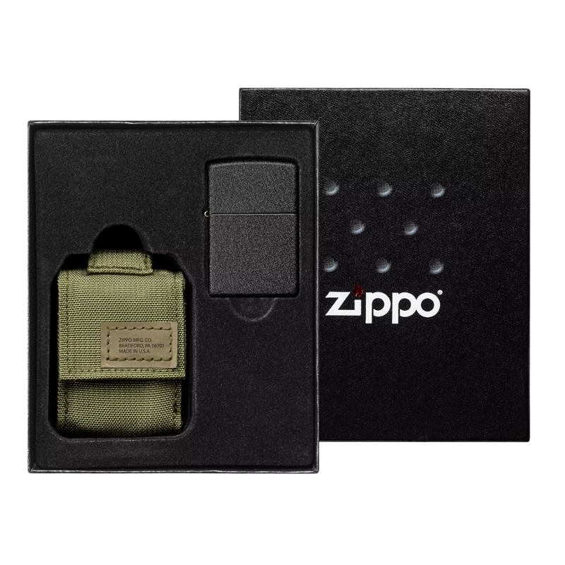 Набор ZIPPO: чёрная зажигалка Black Crackle® и зелёный нейлоновый чехол ,49400